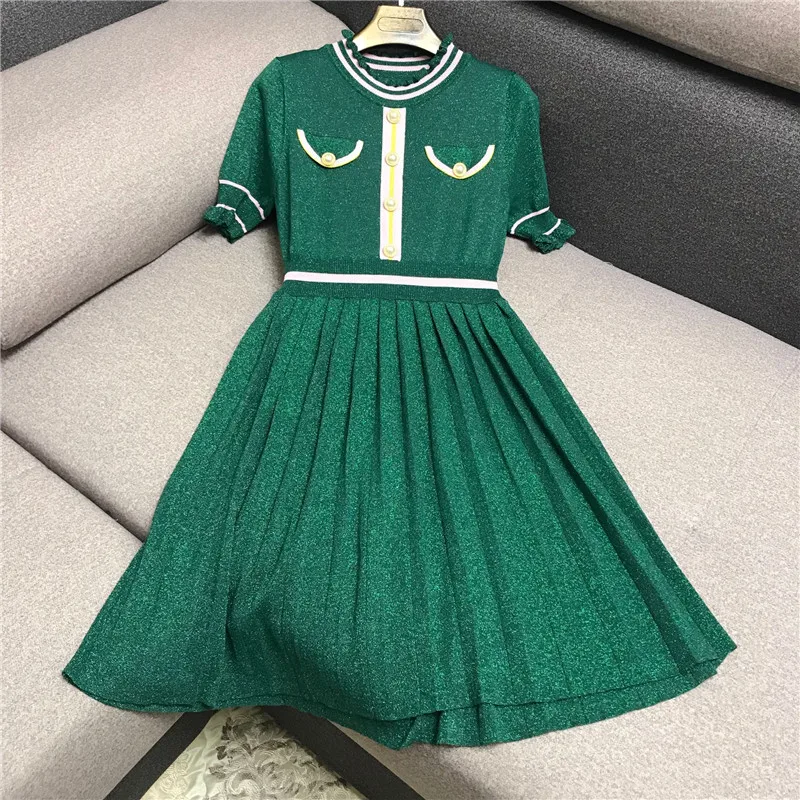 

Luxury Designer Brand Knitted Dress for Women Casual Bright Silk Pearl Button Knitted Pleated Dress Green