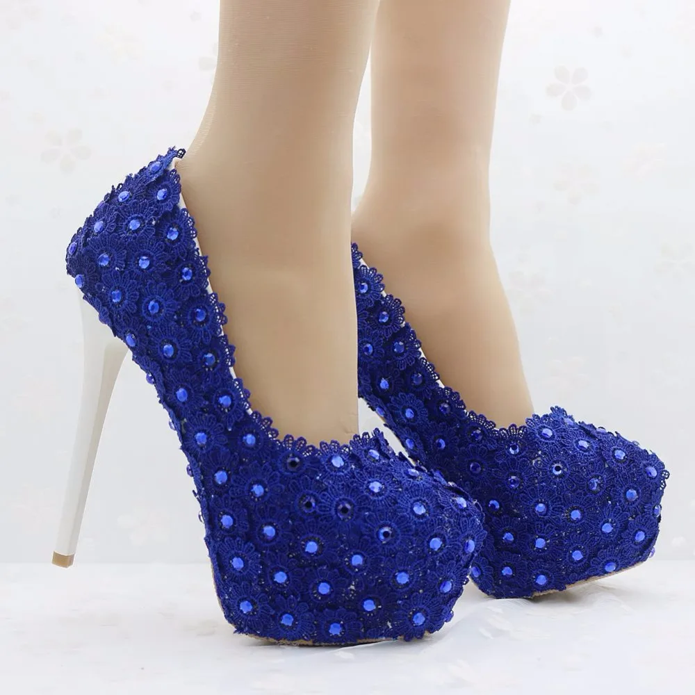 Royal Blue lace rhinestone high heels pumps shoes for women Blue pumps