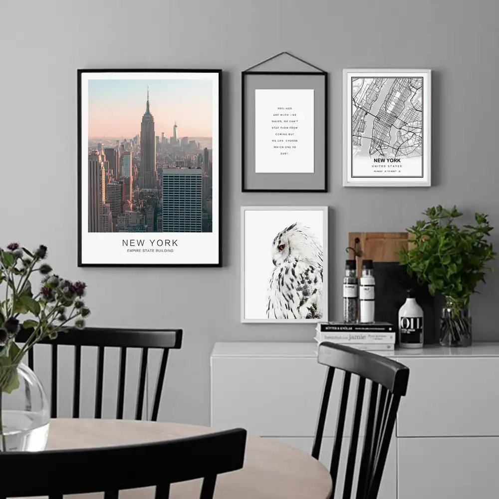 Verwonderend New York City Kaart Uil Zee Scandinavische Muur Canvas Schilderij CI-04