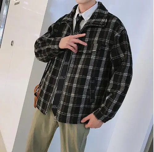 Winter New Jacket Men Woolen Fashion Lattice Warm Outwear Loose Coat Man Clothes Streetwear Bomber Jacket Male Outwear M-5XL