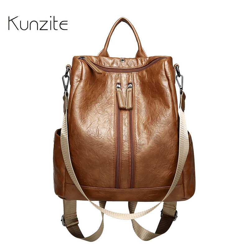 KUNZITE Women Leather Backpack Purse Black Multifunction Shoulder Laptop Bags Female Casual School Book Bags Hobo Rucksack Bags KUNZITE Women Leather Backpack Purse Black Multifunction Shoulder Laptop Bags Female Casual School Book Bags Hobo Rucksack Bags