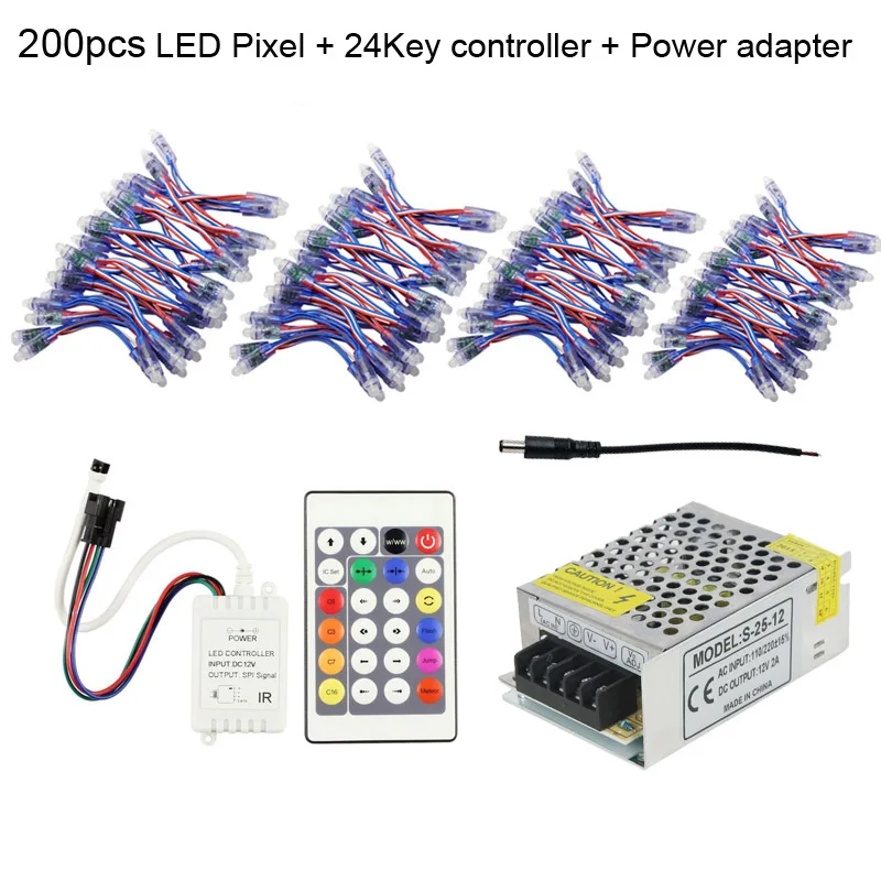 12 мм WS2811 Светодиодный пиксельный модуль водонепроницаемый DC5V адресуемые Рождественские огни цвет мечты+ 24key контроллер+ источник питания 200 шт - Цвет: 200pcs LED Pixel Set