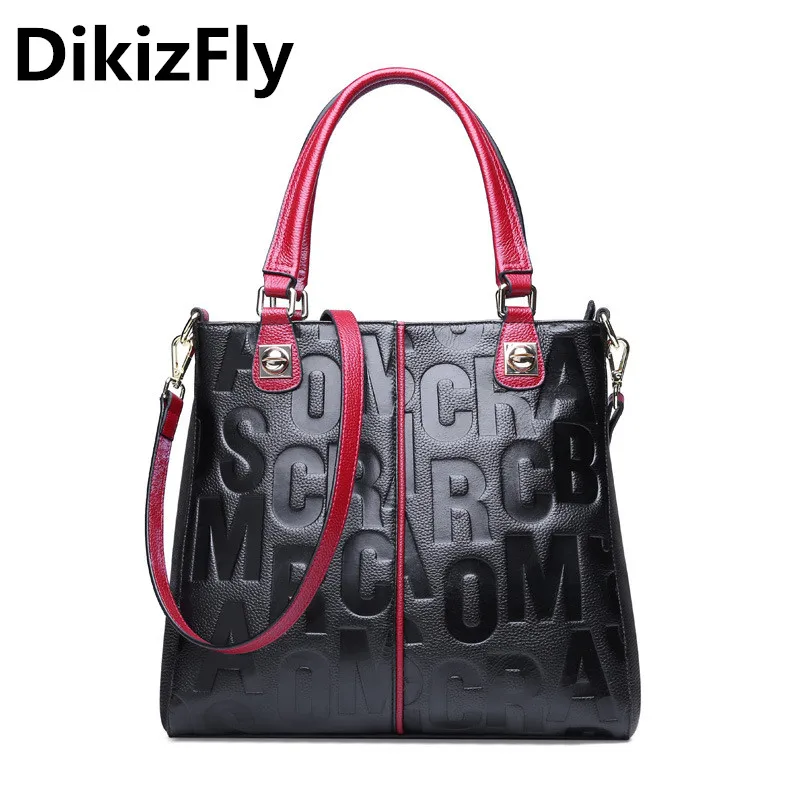 DikizFly genuine leather women messenger bags embossing letters real