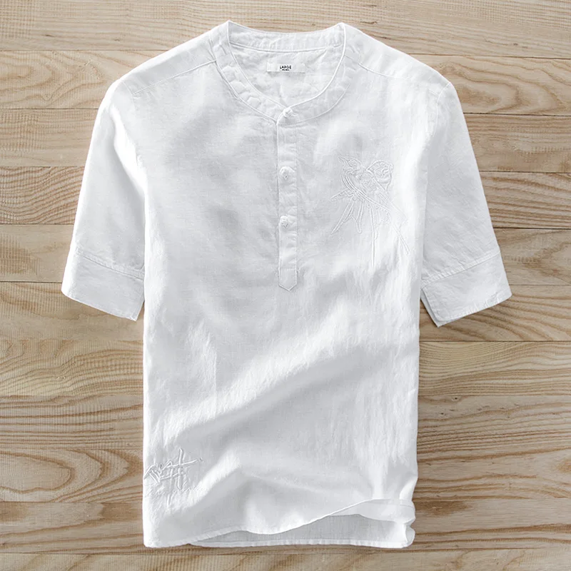 2018 Летний Новый китайский стиль пластина пряжки вышивка с коротким рукавом льняная рубашка Мужчины Марка Стенд воротник льна мужчины Camisa