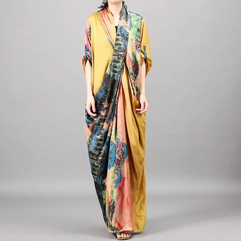 

[YaLee] New Fashion 2019 Summer Flower Printing Splicing Chest Crossing V-neck Three Quartter Sleeve Big Size Dress Women U573