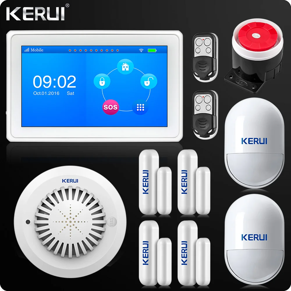 

KERUI 7 Inch TFT Color Display WIFI GSM Alarm System ISO Android App Remote Control Home Alarm Security Smoke Sensor