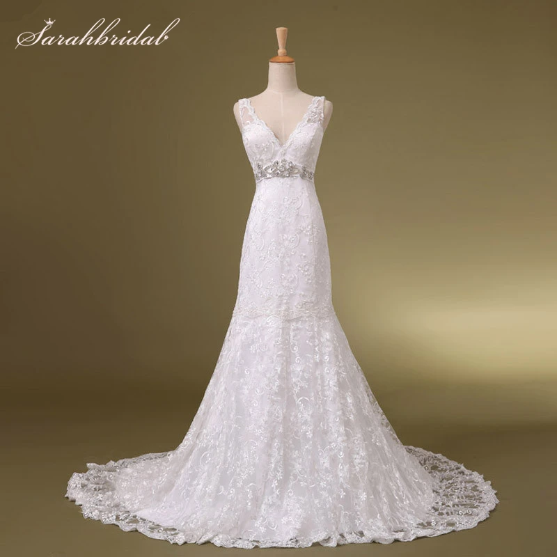 

Sexy Lace Mermaid Wedding Dresses V-neck Crystal Sash Robe De Mariee Bridal Gown Real Pictures Vestido De Noiva Renda SW029