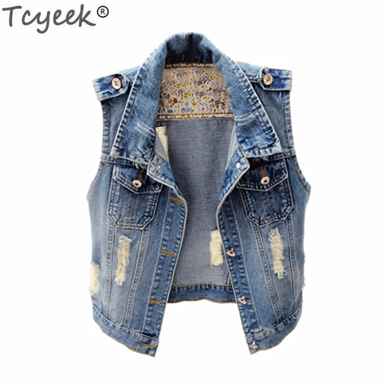 

Tcyeek Women's Vests 2019 Newest Fashion Spring Autumn Denim Vest Plus Size Female Casual Sleeveless Outerwear Jeans Coat LWL572