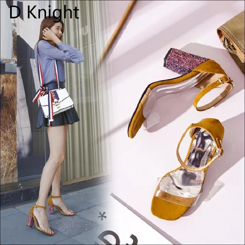 Big Size 52 Women Open Toe Strappy Ankle Strap Yellow Black Sandals Bling Transparent Clear Block Thick High Heel Sequined Shoes (25)