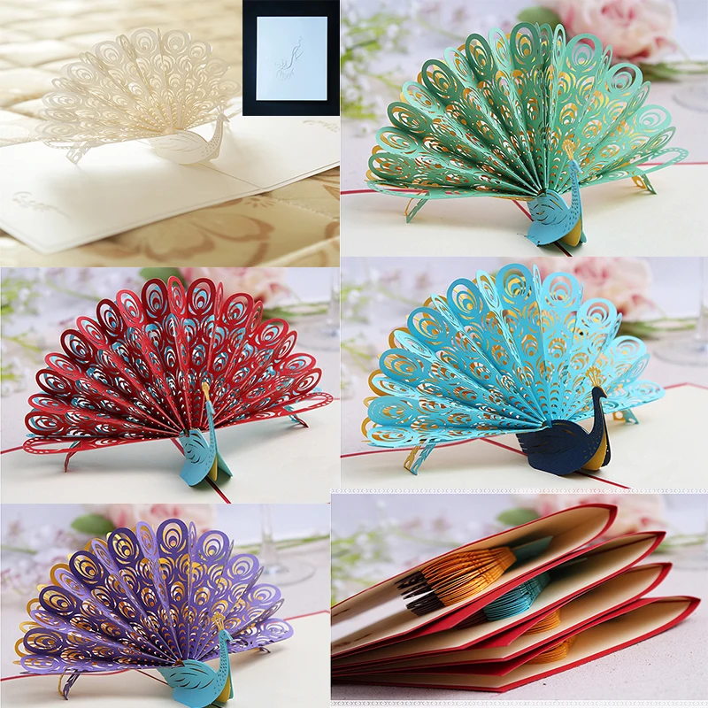 

10pcs Color mixing New 3D Creative Stereo Greeting Card 5 Color Creative Peacock Invitation Card Handmade Greeting Card