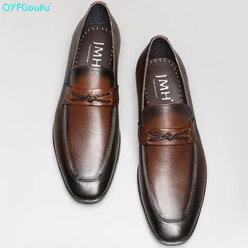 

QYFCIOUFU 2019 Summer New Arrival British Style Genuine Leather Mens Dress Shoes Pointed Toe Loafers Men Slip-on Wedding Shoes