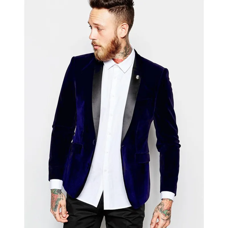 2017 Dark Blue Velour Slim Fit Men Suit Set Groom Tuxedos Velvet Prom