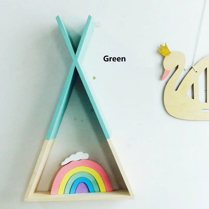 Зеленый DIY Wall-mounted Wooden Decorative Wall Shelf Children's Room Wall Ornaments Storage Book Shelf Home Living Room Decor Holder - Цвет: Зеленый