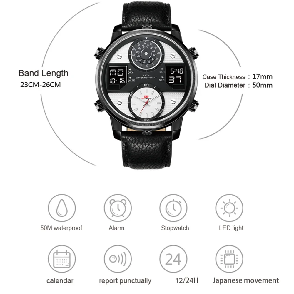 2018 Luxury Sport Watch Men Leather Waterproof Big Dial Mens Quartz Digital Watch Dual Time Male Clock montre homme reloj hombre