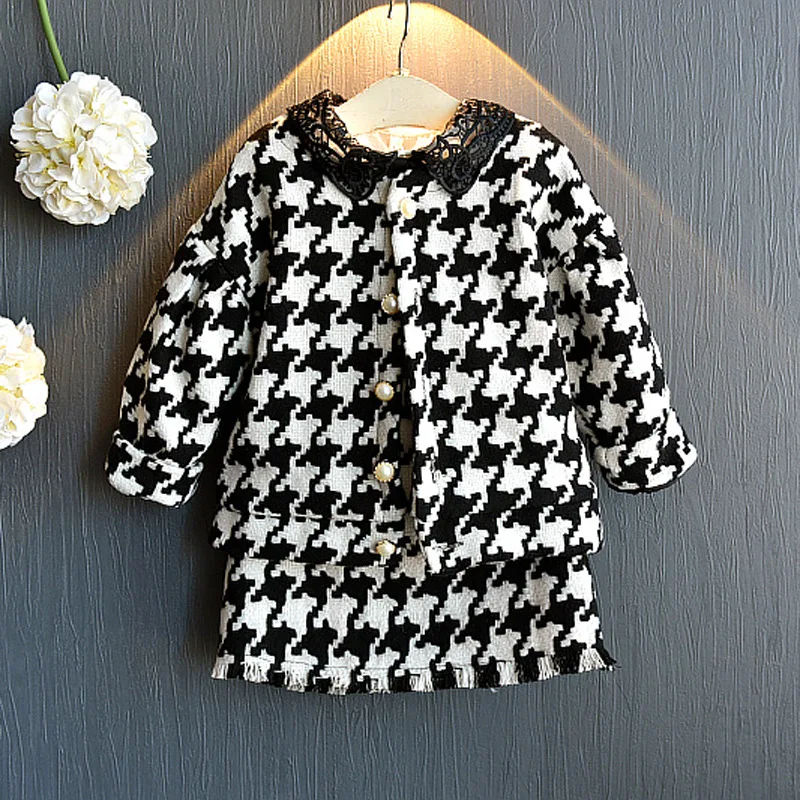 Fashion Houndstooth Clothing Sets for Baby Girl Clothes Autumn New Kids Coat Cardigan+Skirt 2pcs Girl Set Girls Boutique Outfits