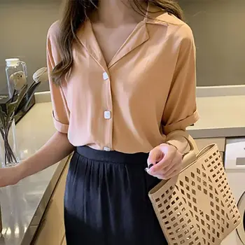 

Summer new fashion style orange/light green shirt Women's lapel small fresh short-sleeved shirt Loose casualShirt