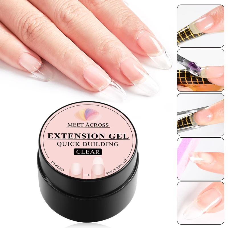 MEET ACROSS Quick Building Poly UV Gel Pink Nude Crystal Jelly Builder UV Gel Finger Extension