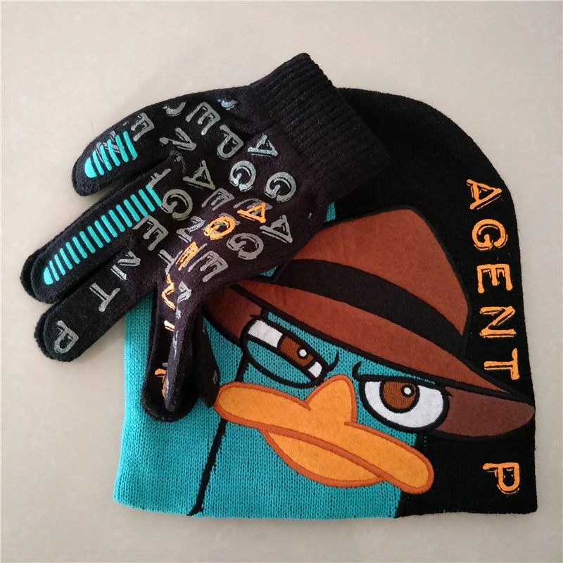 Phinas Ferb/зимние шапки с героями мультфильмов; Perry The Platypus Agent P; Детские кепки для мальчиков; Gorro Masculino Bones Skullies Beanies с перчатками