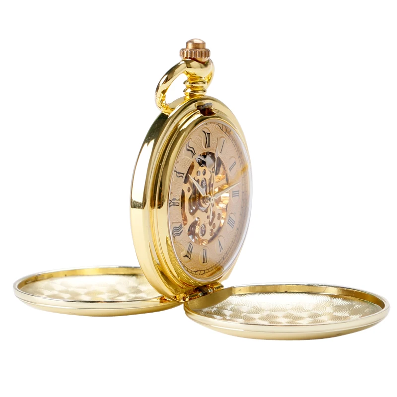 Reloj Mujer, роскошные золотые карманные часы с двойным охотником, механические, с ручным подзаводом, скелет, Fob, часы для мужчин и женщин, подарок, Relogio De Bolso