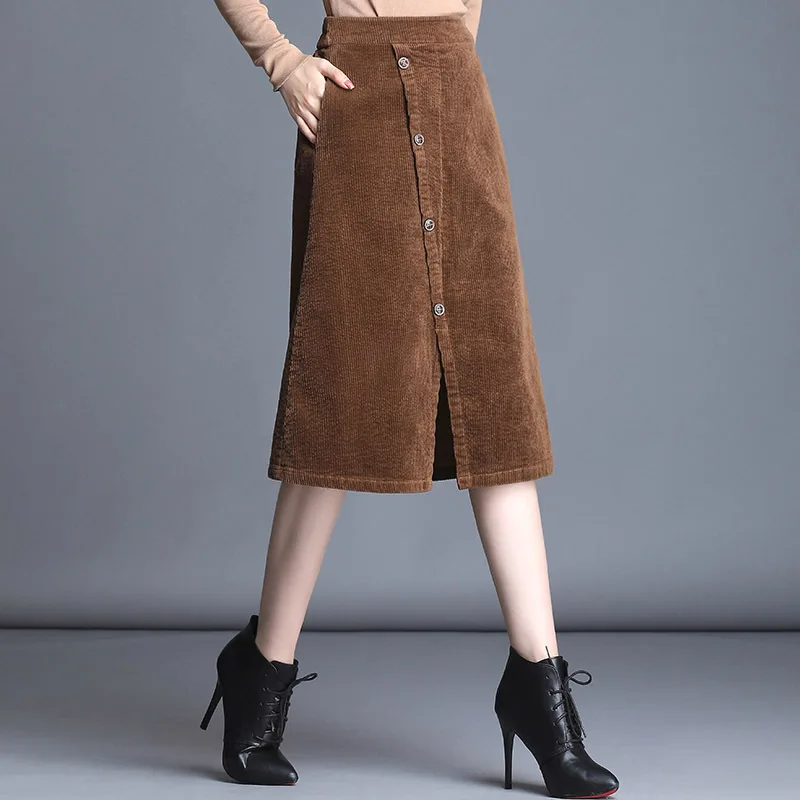 

Fall Winter Casual Women Elastic High Waisted Placket Buttons Black Brown Corduroy Skirt , Spring Female Woman Slim 4xl Skirts