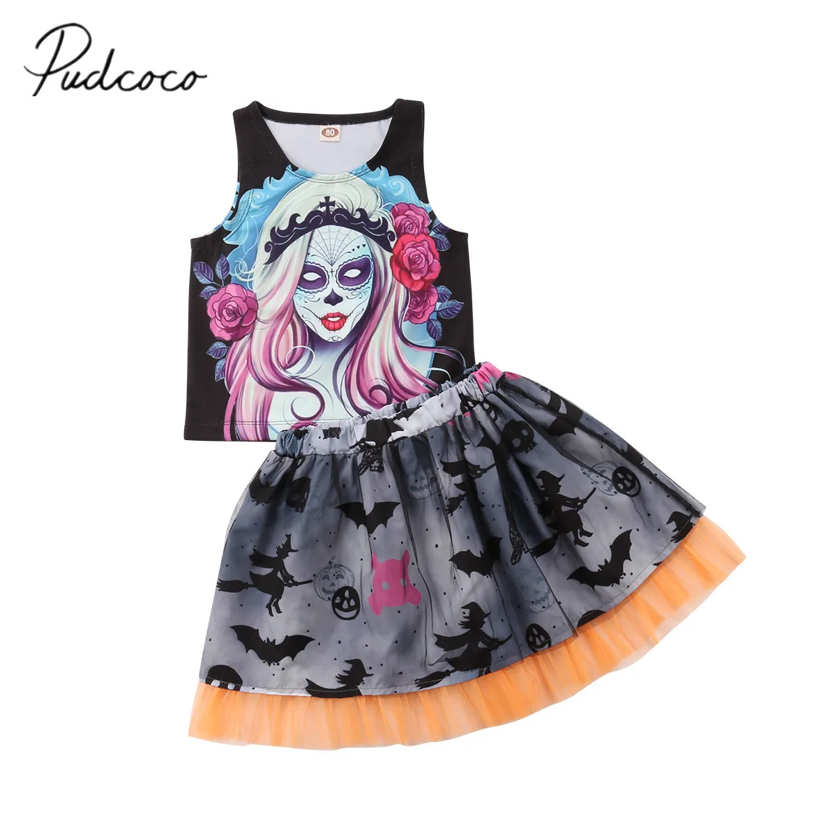 

2018 Brand New Halloween Party Toddler Kids Girl Clothes Sets 2PCS Sleeveless Cartoon Graffiti Black Vest Tops+Lace Tutu Skirt