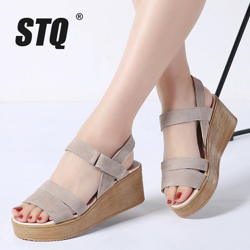 

STQ 2019 women sandals suede leather wedges heel flat sandals female beach gladiator sandals ladies platform sandals shoes 8200