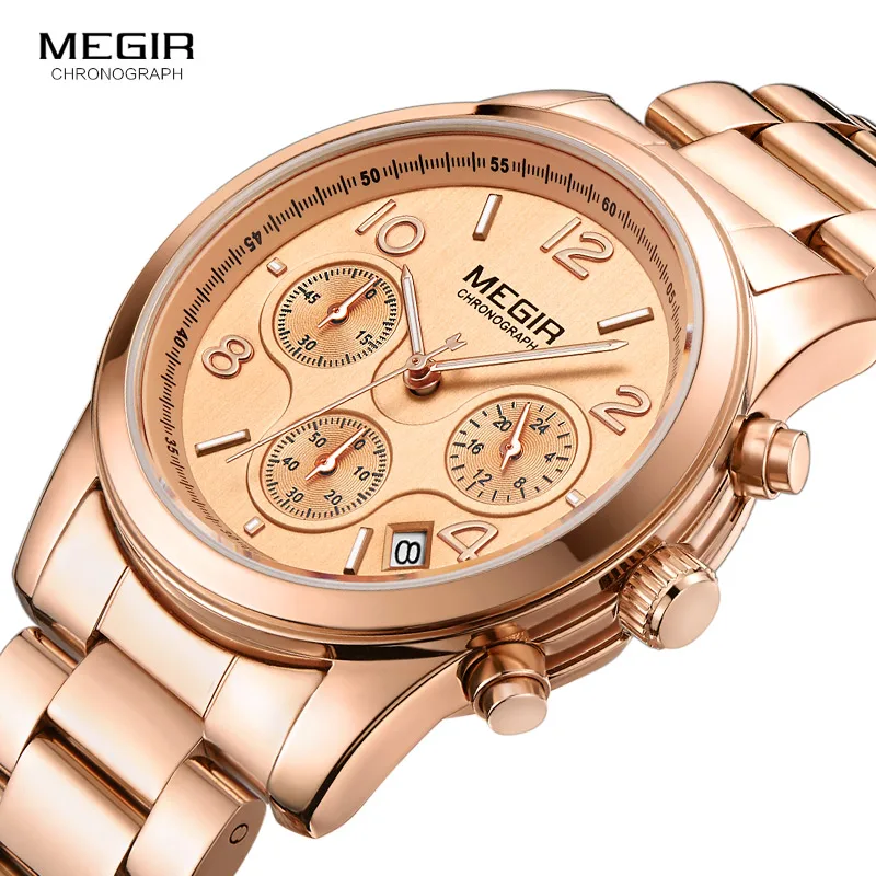 Megir Woman's Chronograph Quartz Watch with Gold Stainless Steel Bracelete 24 Hours Calendar Display Wristwatch for Ladies 2057L