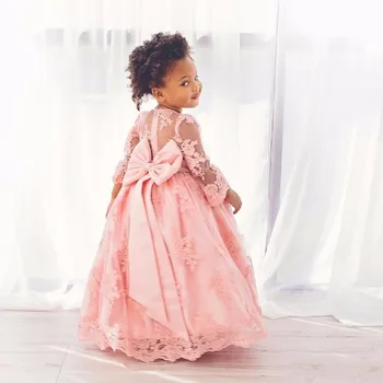 

Long Sleeves Flower Girl Dresses Ball Gown Scoop Lace First Communion Dress Lovely Bow Bridal Girl Gowns Vestidos de Dresses