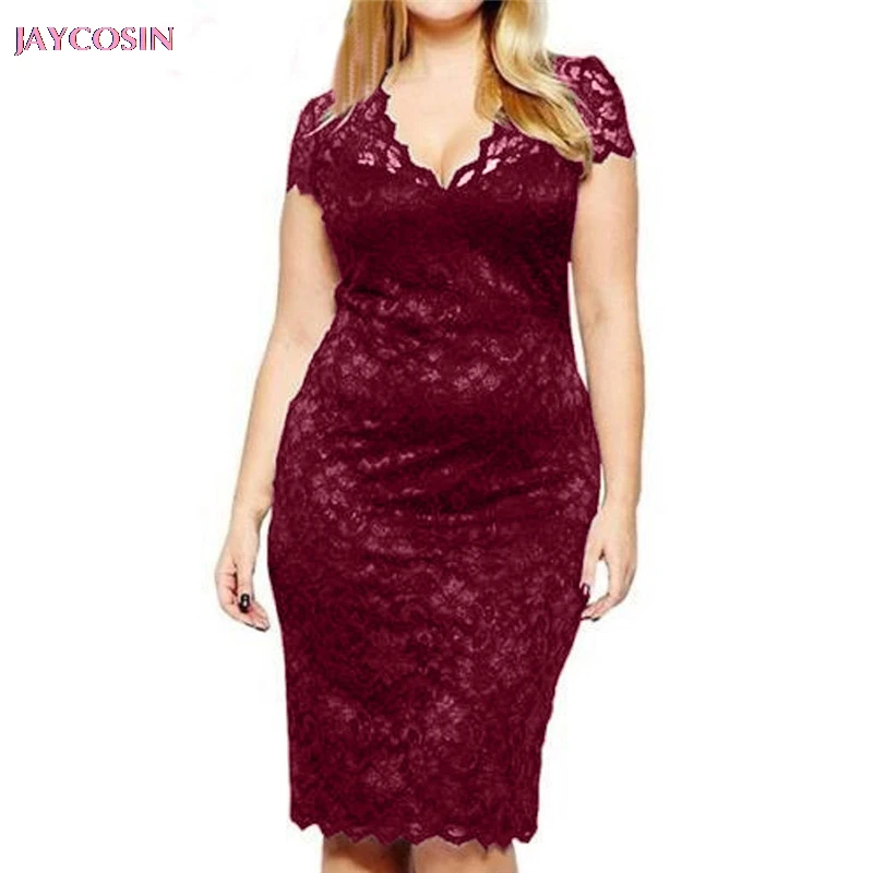 

2019 New Dress Fashion Women Plue size Solid Short Sleeve V-Neck Lace Hollow Out Dress Dresses Sexy Bodycon Club Vestidos #0616
