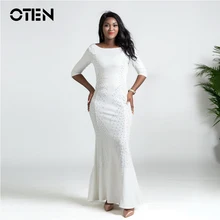 OTEN Vestido de festa Women Half Sleeve O Neck Beading Elegant Ladies party wear Dinner Long Maxi Formal Evening white dress white half sleeve maxi dress