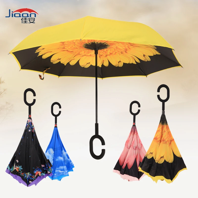 

Creative design beautiful anti-parachute hands-free stand C J handle reverse double layer nano super water umbrella auto car