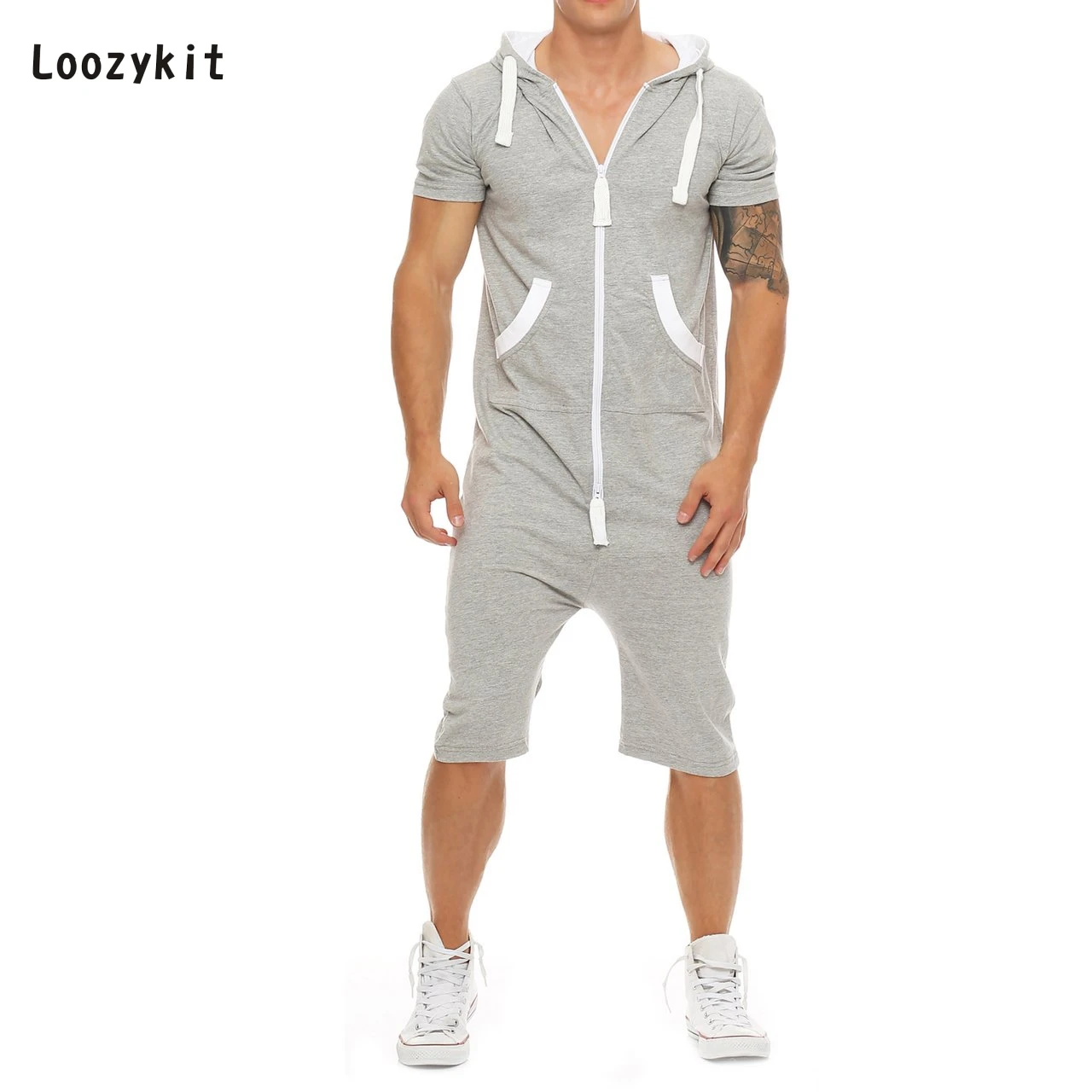 LOOZYKIT, летние лоскутные мужские комбинезоны, мужская спортивная одежда, повседневный спортивный костюм с капюшоном, с карманами, короткие комбинезоны, pantalon hombre
