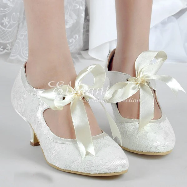 

Fashion Ivory Round Toe Pumps Satin Bridal Shoes Lace Wedding Dress Shoes Bowtie Evening Party Shoes