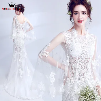 

QUEEN BRIDAL Evening Dresses Mermaid See Through Lace Tulle Sexy Long Bride Eveving Gowns Party Dress Vestido De Festa LS44