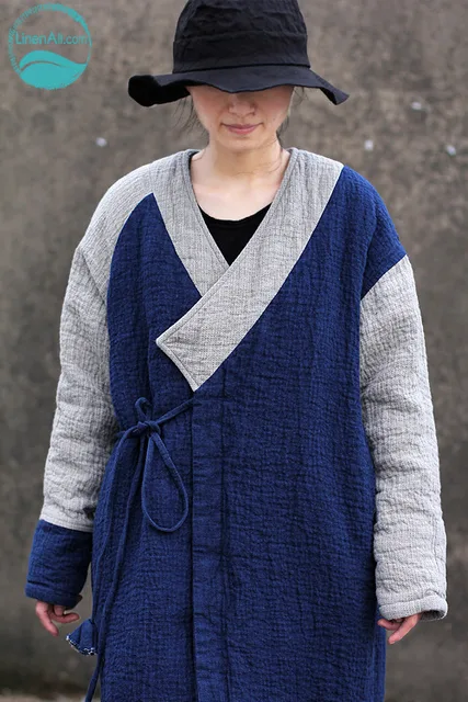 Cheap LinenAll women's parkas, Blue, thickening kanaff deep V-neck linen button strap loose thermal wadded jacket outerwear yijiu