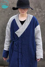 LinenAll women’s parkas, Blue, thickening kanaff deep V-neck linen button strap loose thermal wadded jacket outerwear yijiu