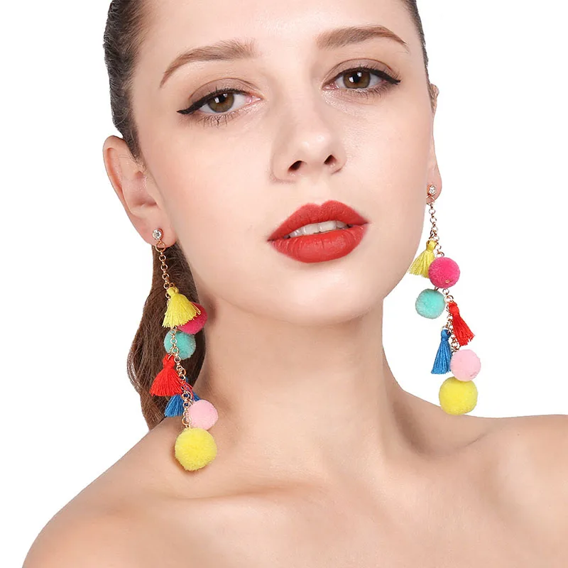 Harajuku Ethnic Style Velvet Fur Ball Tassel Earrings for Women Vintage