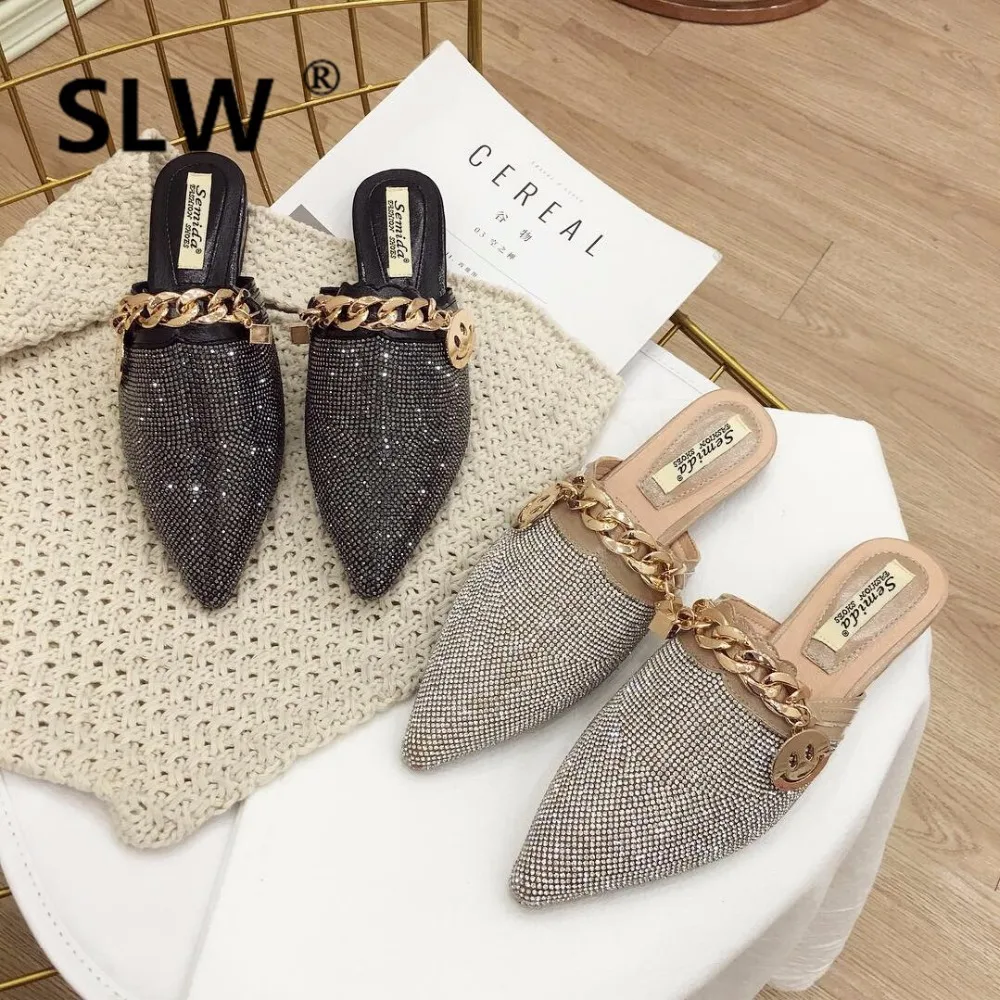 

smiling face pointed toe mules woman metal chain decorate casual spring shoes brand party dress shoes woman fashion slides