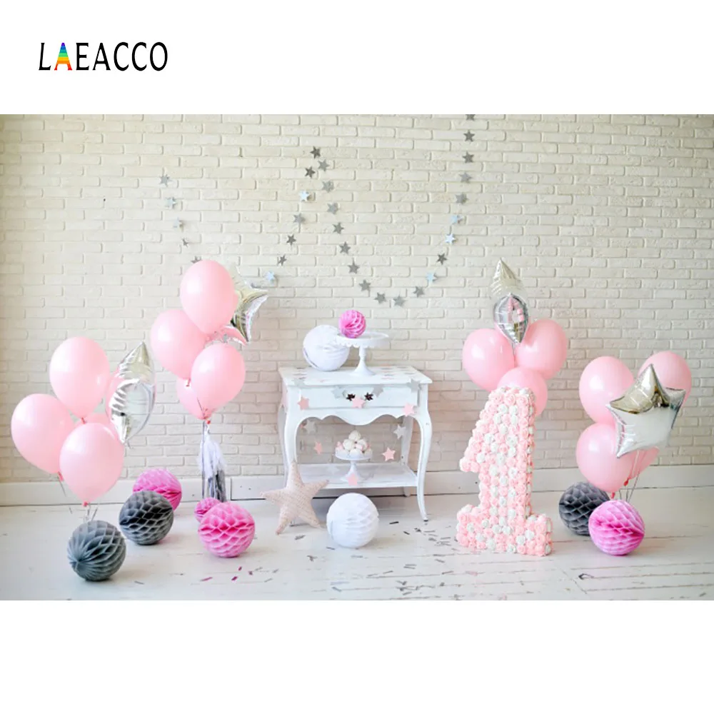 

Laeacoo Chic Brick Wall Pink Balloons Floower 1st Birthday Baby Photography Backdrops Vinyl Customs Backgrounds For Photo Studio