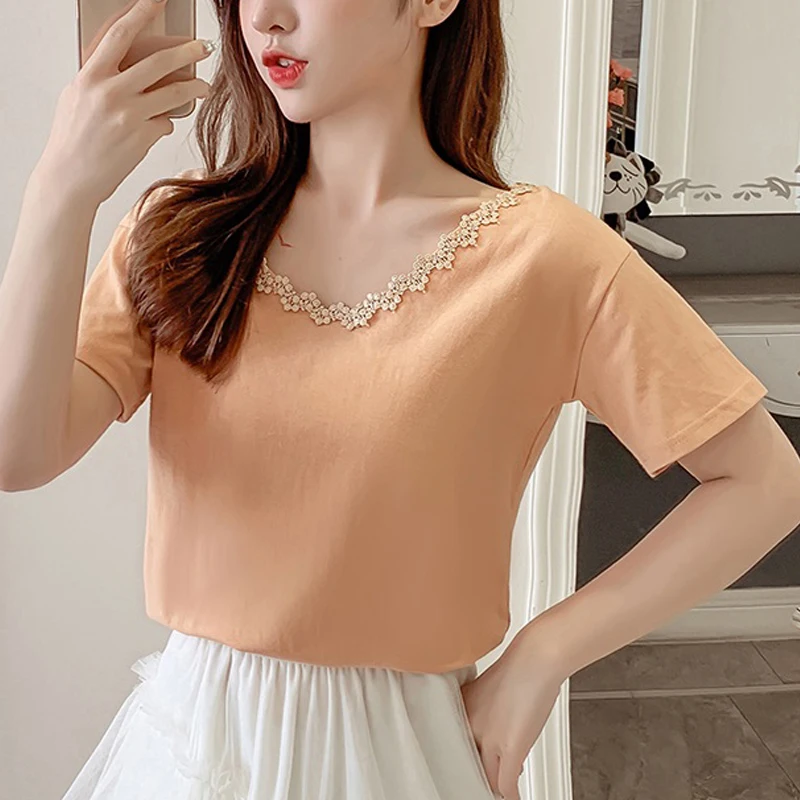 

Summer 2019 New Chiffon shirt short sleeve V-neck Blouses shirts Women Lace stitching Chiffon feminine Flower Woman Tops 885G6