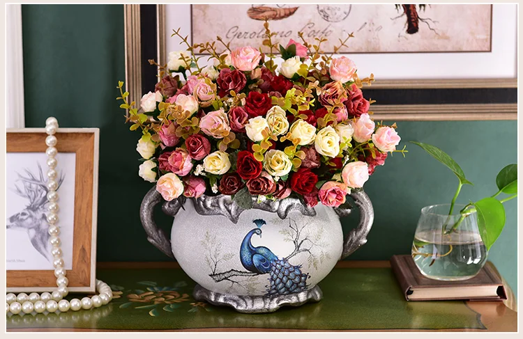 New Fashion 21 Heads Bouquet Silk Rose Artificial Flower High Quality Rose Bouquet Fake Flower Wedding Home Party Decoration 1pc