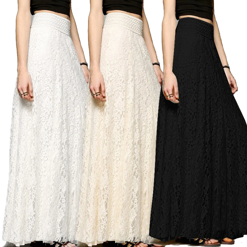

Fashion Long Lace Openwork Skirt Lady Girls Summer Spring Beach Wedding Dating Clothes Boho Pleated Free Size Tulle Maxi Skirts