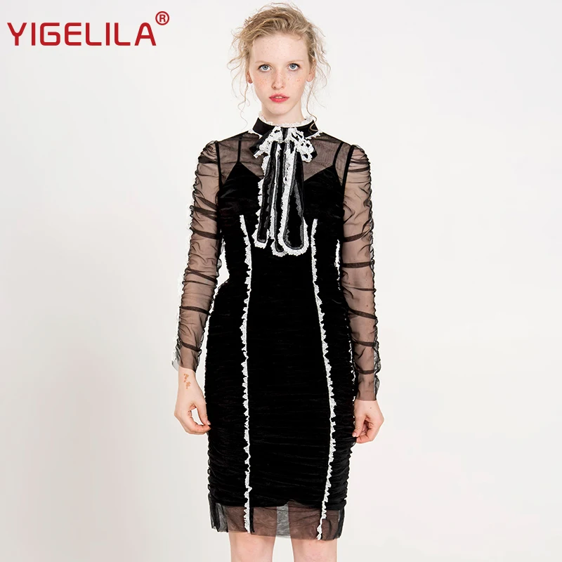 Женское платье YIGELILA осеннее до колена с длинным рукавом и стоячим воротом 63070 |