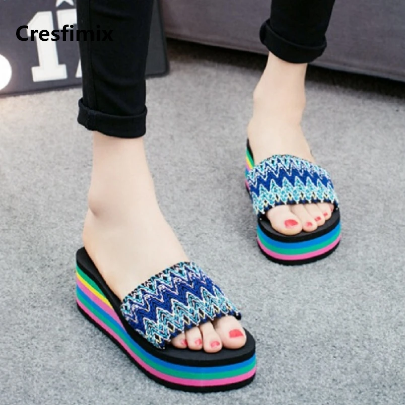 Cresfimix women fashion 2018 ribbon striped 7cm high heel slippers lady cute comfortable slides female comfortable slippers a596 Cresfimix women fashion 2018 ribbon striped 7cm high heel slippers lady cute comfortable slides female comfortable slippers a596