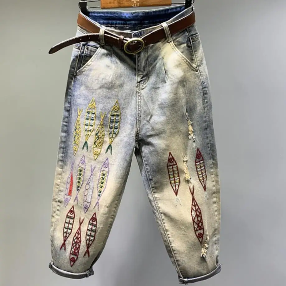 

plus size 26-32!2019 autumn new retro jeans women embroidery loose harem pants