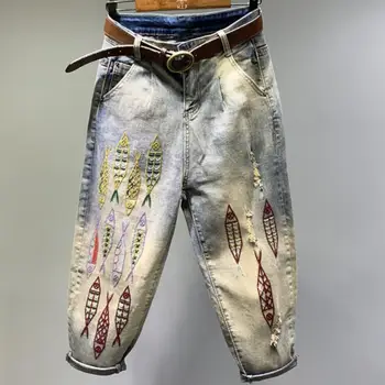 

plus size 26-32!2020 autumn new retro jeans women embroidery loose harem pants