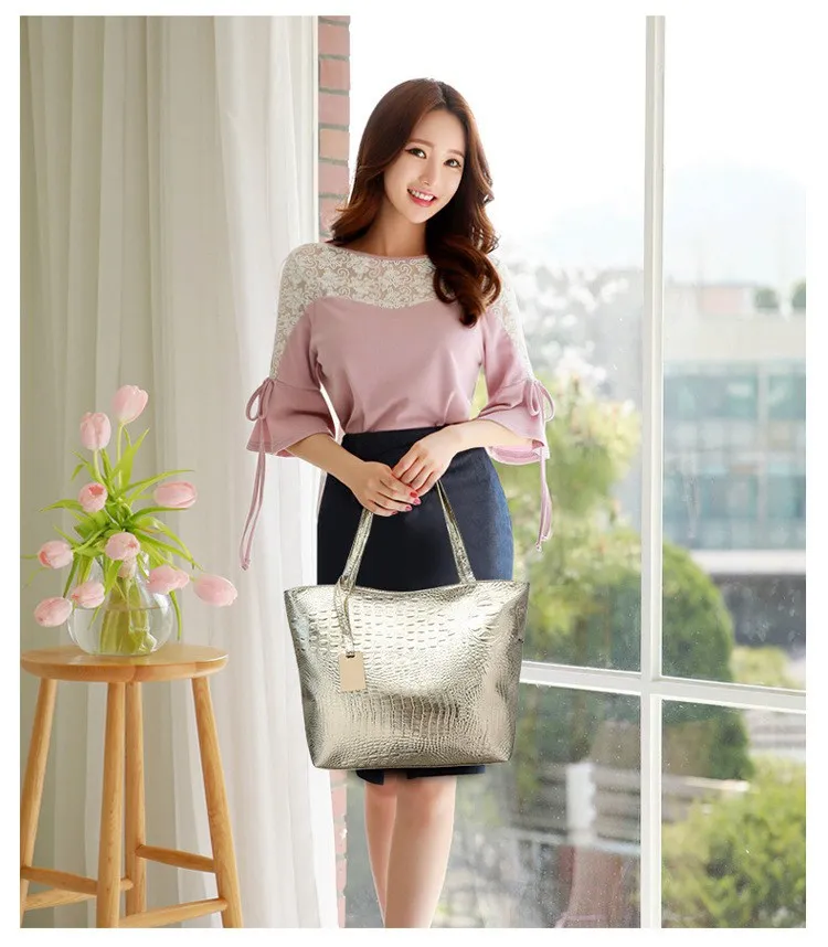 Brand Fashion Casual Women Shoulder Bags Silver Gold Black Crocodile Handbag PU Leather Female Tote Bag Ladies Hand Bag KL585