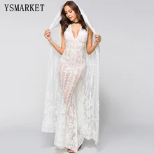 

2018 Sexy Hollow Out White Lace Long Dress Women V Neck Sleeveless Beach Cover Up Dress Wedding EL9616