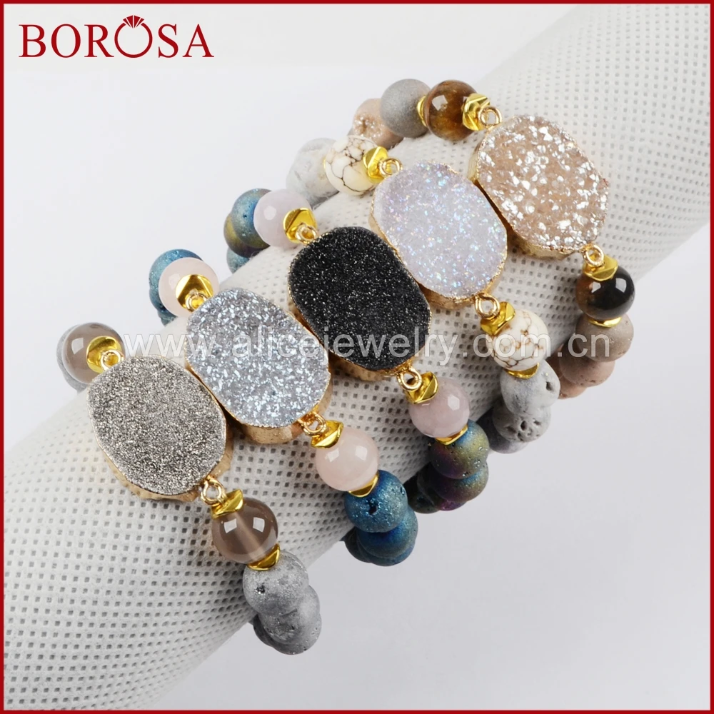 

BOROSA Handmade Gold Natural Stone Titanium Rainbow Drusy Connector Druzy With 10mm Rainbow Titanium Beads Women Bracelet G1396