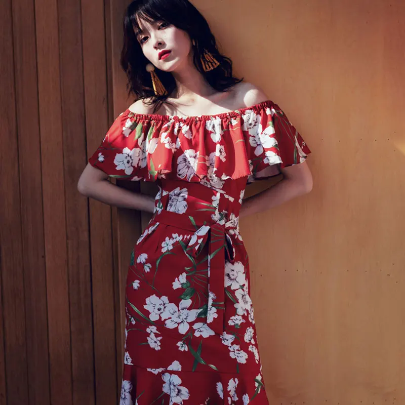

New Women's Print Dress Spring and Summer 2019 Bohemian Sweet Style Slash neck Ruffles Package Mermaid Dress
